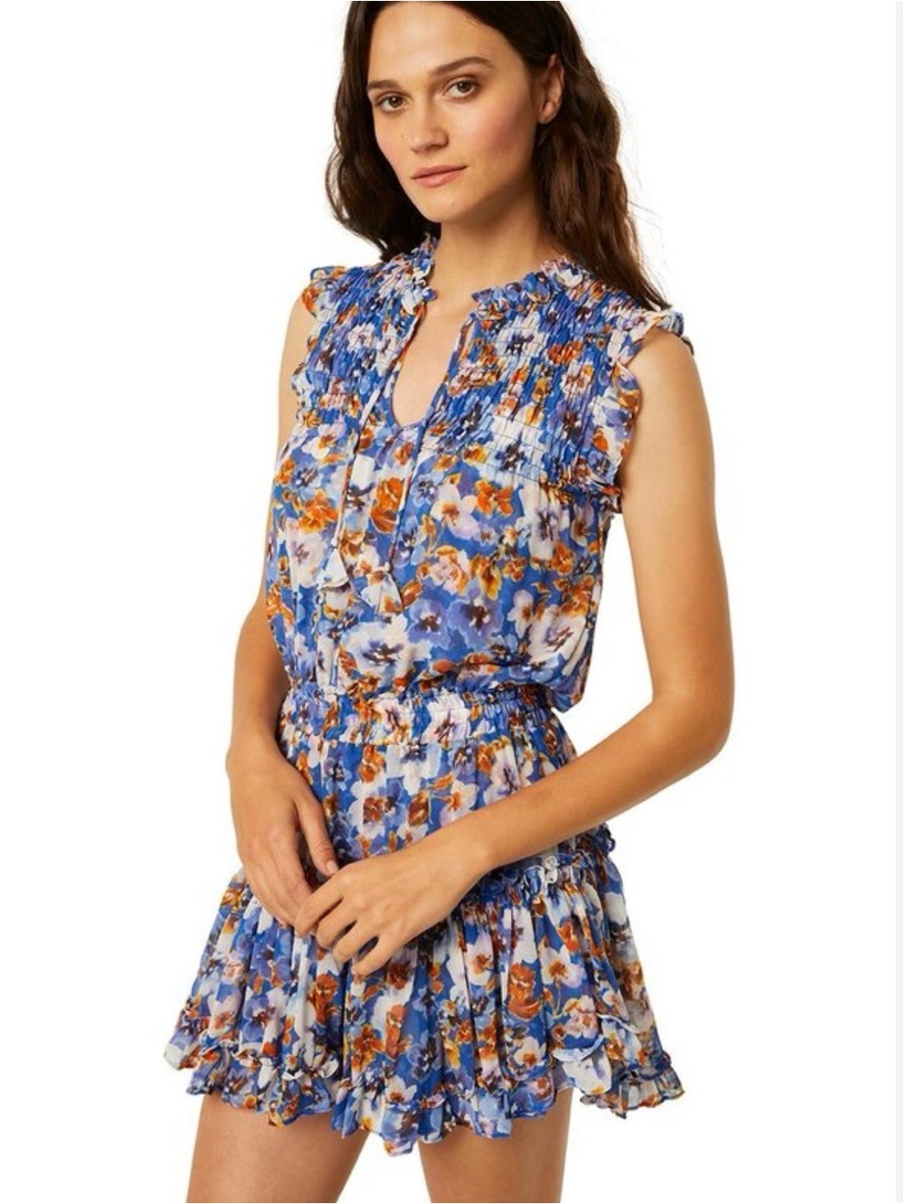 Misa Los Angeles XS‎ Aila Blue Floral Smocked Waist Ruffled Smocked Mini Dress
